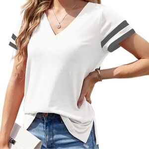 NEW SySea Basic V Neck T Shirt Loose Casual Tee Tops White Gray Stripes Sleeve